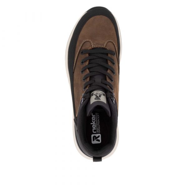 Boots homme mode Imperméable Lacets Doublure textile RIEKER EVOLUTION U0173 coloris marron/noir. Vue du dessus d'une chaussure gauche laissant apparaître la semelle intérieure.