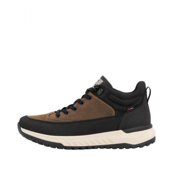 Boots homme mode Imperméable Lacets Doublure textile RIEKER EVOLUTION U0173 coloris marron/noir. Vue du profil extérieur d'une chaussure gauche faisant apparaître la mention "tex".