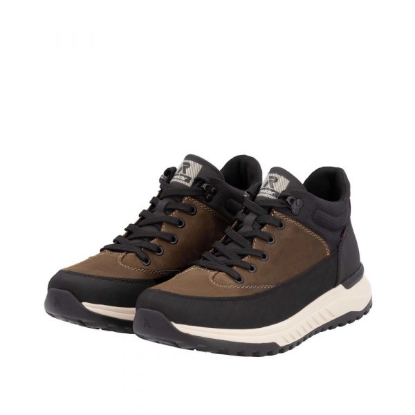 Boots homme mode Imperméable Lacets Doublure textile RIEKER EVOLUTION U0173 coloris marron/noir. Vue d'ensemble de deux chaussures.