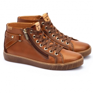 Bottines femme Cuir souple Ultra confortable Fermeture éclair + lacet Semelle souple Talon plat PIKOLINOS LANZAROTE coloris marron brandy. Vue d'ensemble de deux chaussures.
