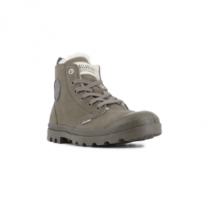Baskets montantes Cuir nubuck Femme lacet+zip Doublure chaude Talon plat très souples Semelle crantée PALLADIUM HI ZIP WL Coloris gris rock. Vue d'ensemble d'une chaussure droite.