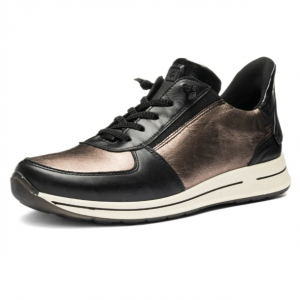 Basket femme cuir souple semelle épaisse confortable grande largeur A enfiler ARA 1224836-15 OSAKA Coloris noir/bronze. Vue d'ensemble de biais d'une chaussure gauche.