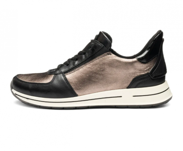 Basket femme cuir souple semelle épaisse confortable grande largeur A enfiler ARA 1224836-15 OSAKA Coloris noir/bronze. Vue d'ensemble du profil intérieur d'une chaussure droite.