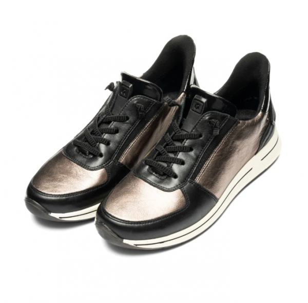 Basket femme cuir souple semelle épaisse confortable grande largeur A enfiler ARA 1224836-15 OSAKA Coloris noir/bronze. Vue de dessus de deux chaussures.