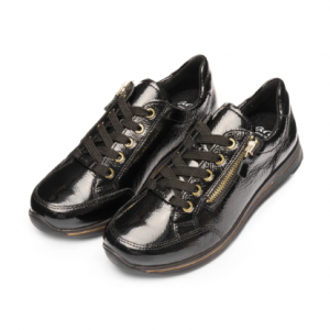 Tennis femme grande largeur Cuir Zip+Lacet semelle compensée ARA 1224801 Coloris vernis noir. Vue d'ensemble de deux chaussures.