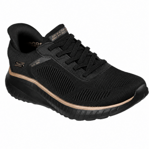 Tennis femme Lacet élastique Textile épais Talon compensé Lavable en machine Basket dame SKECHERS Bob sport Coloris noir. Vue de biais de l'avant d'une chaussure droite.