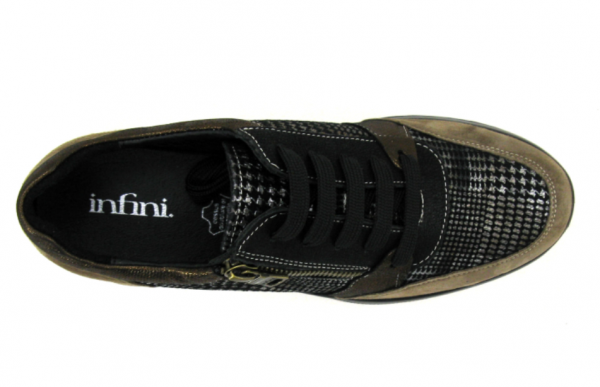 Tennis mode femme cuir Doublure cuir Talon compensé Fermeture lacets + zip INFINI I. PADOU 725-102 coloris kaki/bronze. Vue de dessus d'une chaussure droite faisant apparaître le lacet.