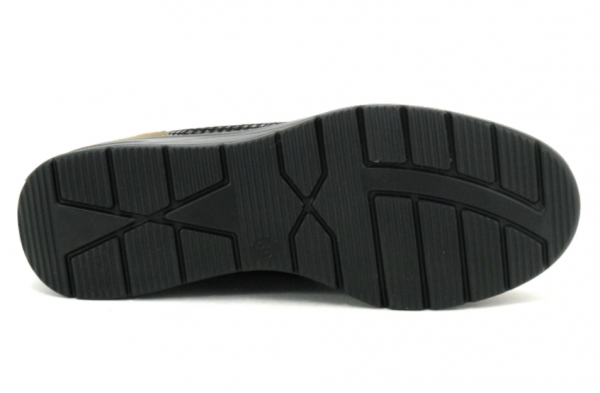 Tennis mode femme cuir Doublure cuir Talon compensé Fermeture lacets + zip INFINI I. PADOU 725-102 coloris kaki/bronze. Vue de dessous d'une chaussure droite faisant apparaître les détails de la semelle.