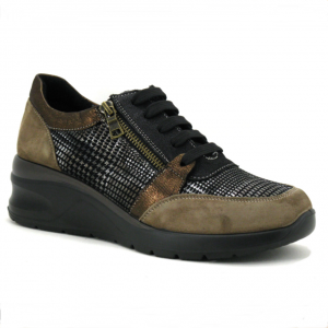Tennis mode femme cuir Doublure cuir Talon compensé Fermeture lacets + zip INFINI I. PADOU 725-102 coloris kaki/bronze. Vue d'ensemble d'une chaussure droite faisant apparaître la fermeture éclair le long du lacet.