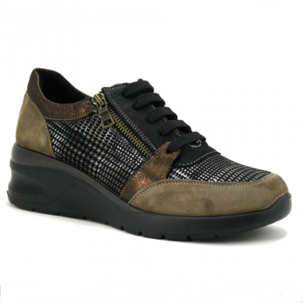 Tennis mode femme cuir Doublure cuir Talon compensé Fermeture lacets + zip INFINI I. PADOU 725-102 coloris kaki/bronze. Vue d'ensemble d'une chaussure droite faisant apparaître la fermeture éclair le long du lacet.