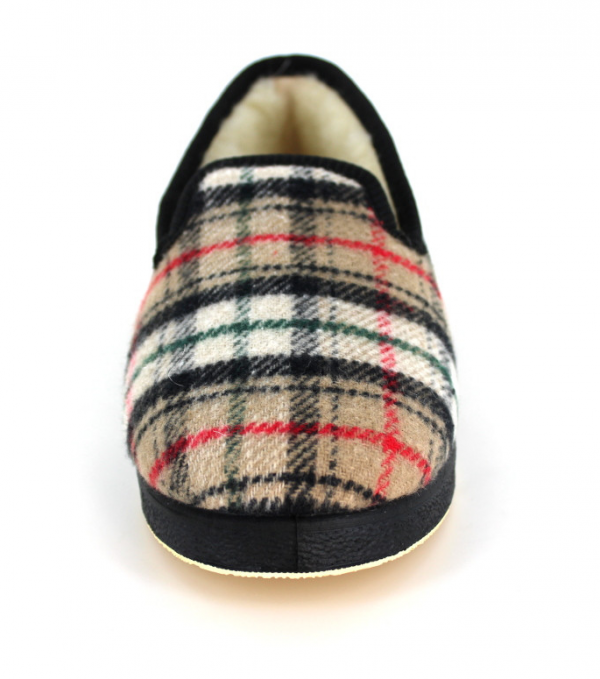 Chausson homme doublé laine chaude Pantoufle Semelle épaisse Dessus sans couture SEMELFLEX Calomust écossais beige. Vue avant d'une chaussure faisant apparaître l'écossais beige du dessus.