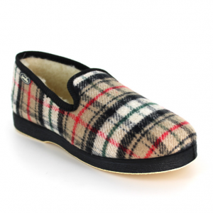 Chausson homme doublé laine chaude Pantoufle Semelle épaisse Dessus sans couture SEMELFLEX Calomust écossais beige. Vue d'ensemble de biais d'une chaussure.