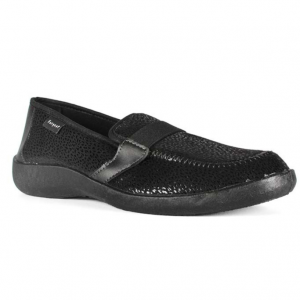 Mocassin Pantoufle femme Matière extensible Doublure textile Pieds sensibles FARGEOT coloris noir. Vue d'ensemble d'une chaussure droite.