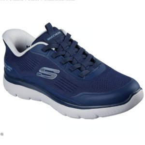 Tennis Maille déperlante Homme Semelle souple à mémoire de forme Système slip-ins Sneakers avec chausse pied intégré SKECHERS coloris bleu. Vue de biais de l'avant d'une chaussure droite.