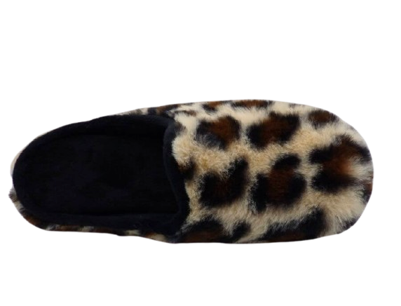 Mules femme fourrure imprimé léopard Chaussons dame chaud Semelle élastomère talon deux cm LA MAISON DE L'ESPADRILLE Coloris beige. Vue de dessus d'une chaussure droite faisant apparaître le décor impression léopard.