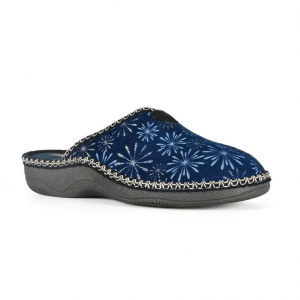 Mules femme Velours bi-colore Semelle compensée Doublure chaude Chaussons dame SEMELFLEX Amelia coloris bleu. Vue d'ensemble de biais d'une chaussure droite.