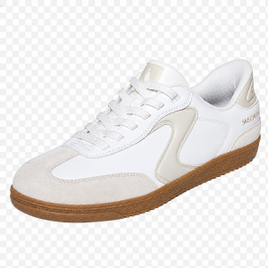 Tennis femme slip-ins Semelle plate Sans lacet Cuir et synthétique Semelle mémoire de forme SKECHERS coloris blanc / beige. Vue d'ensemble de biais d'une chaussure droite.