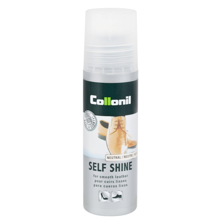 Produit d'entretien pour chaussures en cuir lisse Cirage liquide brillance instantanée Applicateur éponge COLLONIL SELF SHINE. Vue du flacon coloris incolore.