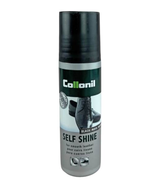 Produit d'entretien pour chaussures en cuir lisse Cirage liquide brillance instantanée Applicateur éponge COLLONIL SELF SHINE. Vue du flacon coloris noir.