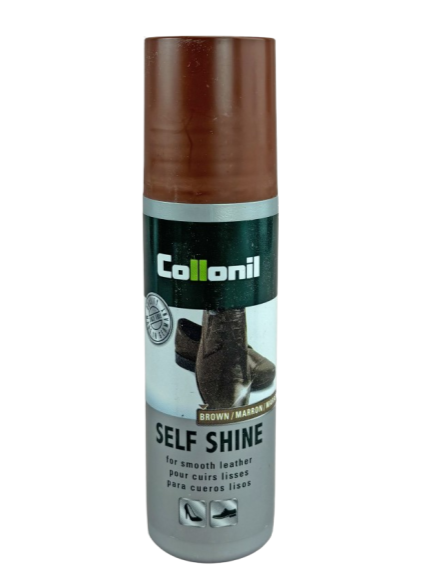 Produit d'entretien pour chaussures en cuir lisse Cirage liquide brillance instantanée Applicateur éponge COLLONIL SELF SHINE. Vue du flacon coloris marron.