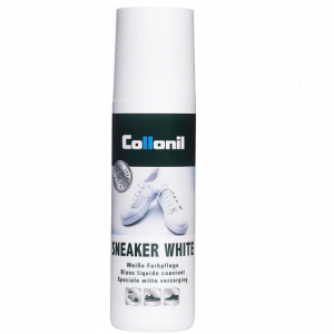 Produit d'entretien pour chaussures blanches en cuir lisse Cirage liquide Applicateur éponge COLLONIL COMBI WHITE blanc. Vue de face du flacon.