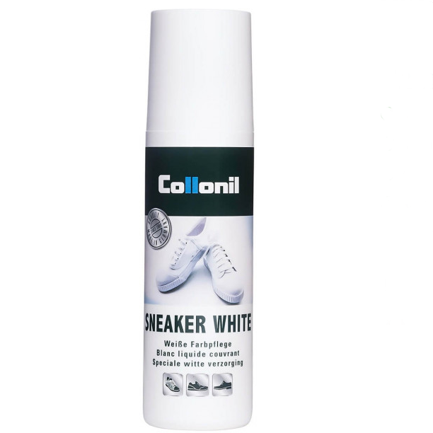 Produit d'entretien pour chaussures blanches en cuir lisse Cirage liquide Applicateur éponge COLLONIL COMBI WHITE blanc. Vue de face du flacon.