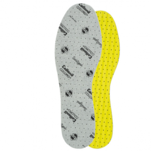 Semelle mixte Dessus coton Couche intermédiaire latex souple avec charbon actif Dessous rainuré et perforé COLLONIL LATEX SOHLE. Vue d'ensemble d'une paire de semelle.