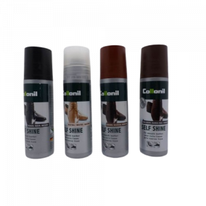 Produit d'entretien pour chaussures en cuir lisse Cirage liquide brillance instantanée Applicateur éponge COLLONIL SELF SHINE. Vue de quatre flacons de couleurs différentes.