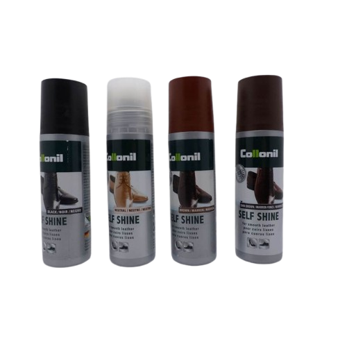 Produit d'entretien pour chaussures en cuir lisse Cirage liquide brillance instantanée Applicateur éponge COLLONIL SELF SHINE. Vue de quatre flacons de couleurs différentes.