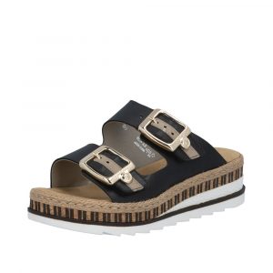 Sandale femme deux brides Mule dame Deux velcros Talon compensé RIEKER V7955-00 Coloris noir / or. Vue d'ensemble de biais d'une chaussure gauche.