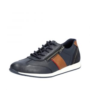 Chaussure basse homme Cuir souple Lacet + zip Tennis homme Dessus aéré RIEKER 11927 coloris marine / marron. Vue d'ensemble de biais d'une tennis gauche.