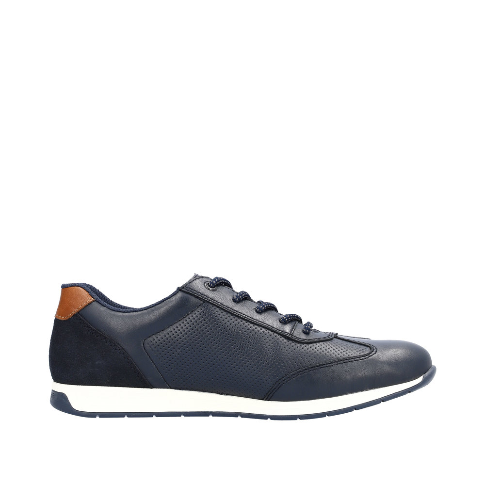 Chaussure basse homme Cuir souple Lacet + zip Tennis homme Dessus aéré RIEKER 11927 coloris marine / marron. Vue du profil intérieur d'une tennis gauche