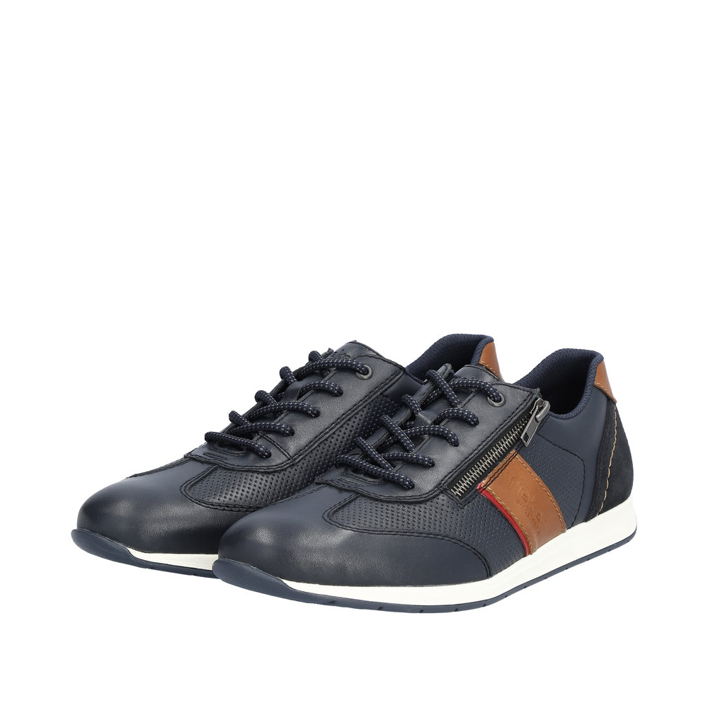 Chaussure basse homme Cuir souple Lacet + zip Tennis homme Dessus aéré RIEKER 11927 coloris marine / marron. Vue d'ensemble de deux chaussures.