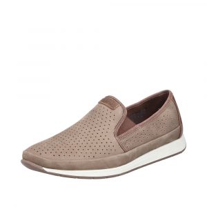 Mocassins légers cuir Dessus perforé Côtés élastiqués Semelle souple RIEKER 11955 coloris beige. Vue de biais d'une chaussure gauche.