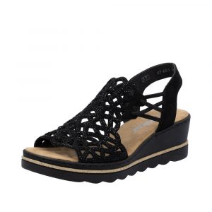 Sandale femme Talon compensé doublure textile Nu-pied dame Semelle intérieure duveteuse RIEKER 67465 Coloris noir/strass. Vue de l'avant de biais d'une chaussure gauche.
