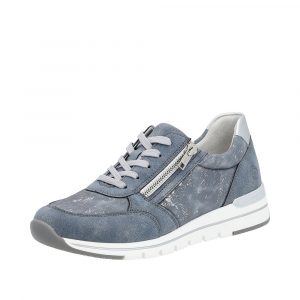 Tennis femme lacet+zip latéral Semelle intérieure amovible talon compensé Faux cuir et textile stretch REMONTE R6700 coloris bleu combiné. Vue d'ensemble de biais d'une chaussure gauche.