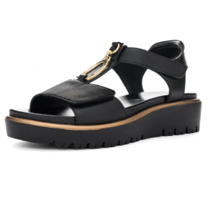 Sandale femme cuir Doublure cuir Semelle plateau Talon compensé mode Nu-pied dame Deux velcros ARA Bilbao 12-33515 coloris noir. Vu d'ensemble de biais d'une chaussure gauche.
