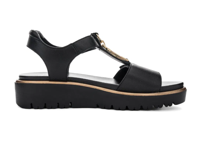 Sandale femme cuir Doublure cuir Semelle plateau Talon compensé mode Nu-pied dame Deux velcros ARA Bilbao 12-33515 coloris noir. Vue du côté intérieur d'une chaussure gauche.