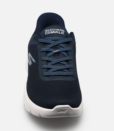 Tennis femme Maille et synthétique Lacets élastiqués Système slip-ins à enfiler Sneakers dame SKECHERS 125516 Coloris bleu marine/blanc. Vue de l'avant d'une chaussure droite laissant apparaître le lacet élastiqué.