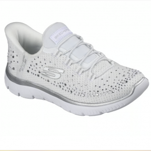 Tennis femme Maille et synthétique Lacets élastiqués Système slip-ins à enfiler Sneakers dame SKECHERS 125516 Coloris blanc / argent orné de strass. Vue d'ensemble de biais d'une chaussure droite.