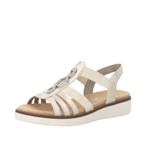 Sandale confort femme Brides Élastiques côtés Talon compensé Nu-pied dame REMONTE 2041-90 Coloris beige métallisé