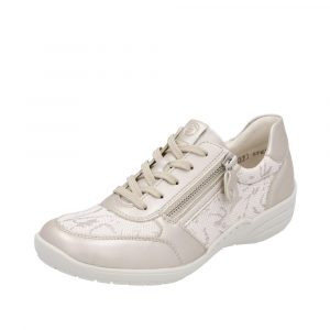 Tennis confort femme semelle souple Talon compensé Chaussure basse dame fermeture lacets + zip REMONTE R7637 coloris doré beige métallique. Vue d'ensemble de biais d'une chaussure gauche.
