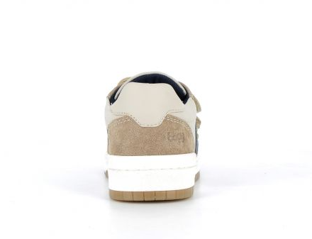 Tennis cuir garçon Deux velcros Baskets enfant Doublure textile BOPY coloris beige/sable/marine. Vue de l'arrière d'une chaussure droite montrant l'empiècement marrron clair au niveau du talon.