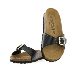 Mules femme Semelle ergonomique cuir sur liège Boucle ajustable Claquette dame LA MAISON DE L'ESPADRILLE Coloris noir. Vue d'ensemble de deux chaussures : chaussure gauche vue de dessus, chaussure droite vue de devant.