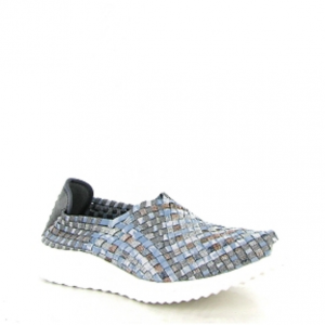 Mocassin tressés femme Sneakers à enfiler Lavable en machine Chaussures basses stretch dame ROCK SPRING coloris bleu / argent. Vue d'ensemble de biais d'une chaussure droite.