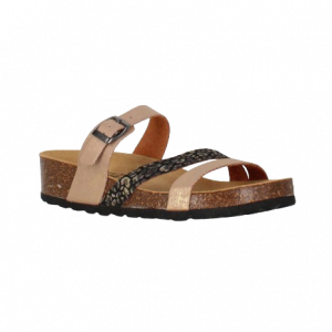 Mules femme Semelle ergonomique cuir sur liège Boucle ajustable Claquette dame Talon compensé LA MAISON DE L'ESPADRILLE Coloris bronze / noir. Vue d'ensemble de biais d'une chaussure droite.