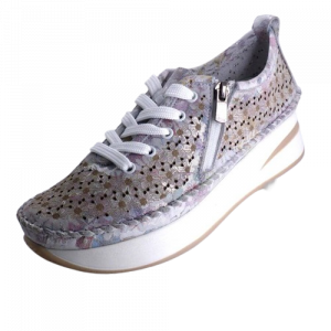 Chaussure Cuir Femme Lacet+zip Semelle plateau Voûte plantaire Cousu main PEDRO TORRES Tennis SUAVE Coloris multicolore/blanc/reflets argentés. Vue d'ensemble de biais d'une chaussure gauche.