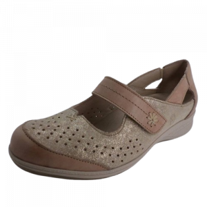 Ballerine cuir femme Velcro Talon compensé Sandale dame Arrière fermé SUAVE Coloris beige / or doux. Vue d'ensemble de biais d'une chaussure gauche.