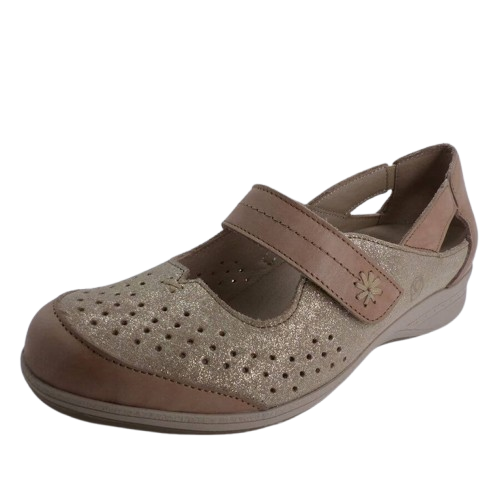Ballerine cuir femme Velcro Talon compensé Sandale dame Arrière fermé SUAVE Coloris beige / or doux. Vue d'ensemble de biais d'une chaussure gauche.