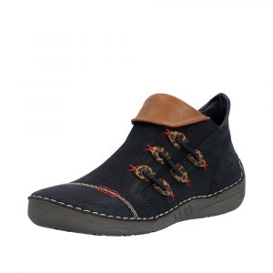 Bottines femme Talon plat Faux cuir Doublure molleton Boots dame Chaussant large fermeture éclair RIEKER 72581 Coloris noir marron multi. Vue d'ensemble de biais d'une chaussure gauche.